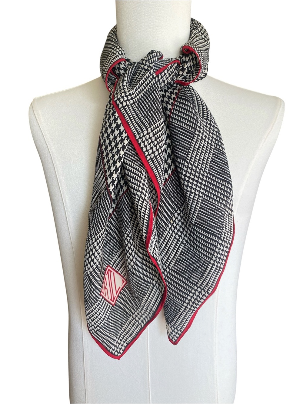 Ralph Lauren Silk Scarf Black White Houndstooth Plaid Red Trim Square Designer